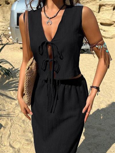 Kadın Aerobin Kumaş Eteği Yırtmaçlı ön Bağlama Detaylı Takım