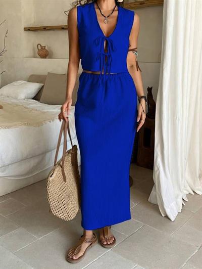 Kadın Aerobin Kumaş Eteği Yırtmaçlı ön Bağlama Detaylı Takım