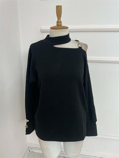 Kadın Akrilik Kumaş Toka Detaylı Oversize Bluz