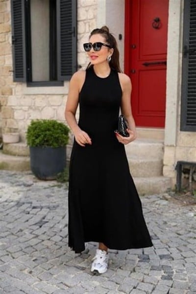 Kadın Arkadan çapraz Detay Yuvarlak Yaka Maksi Viskon Elbise