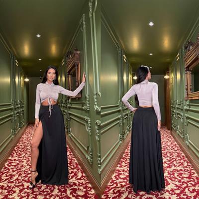 Kadın Asansör Büzgü Detay Krom Ve Derin Yırtmaçlı Maxi Boy Etek Ikili Takım