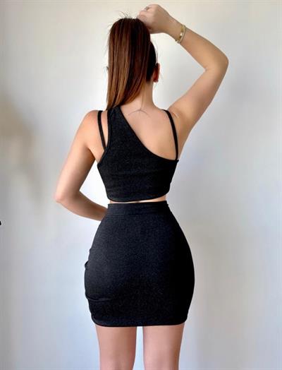 Kadın Asimetrik Yaka Detay Crop Ve Yüksek Bel Mini Etek Ikili Takim