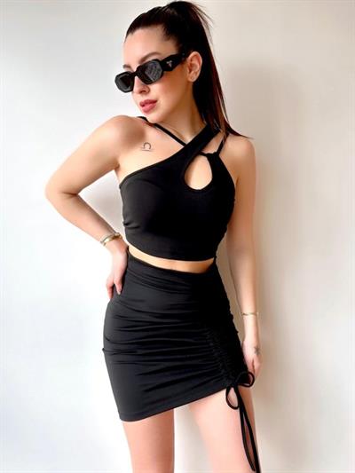 Kadın Asimetrik Yaka Detay Crop Ve Yüksek Bel Mini Etek Ikili Takim