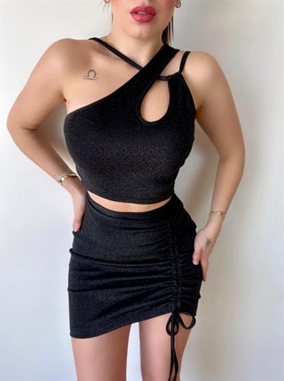 Kadın Asimetrik Yaka Detay Crop Ve Yüksek Bel Mini Etek Ikili Takim