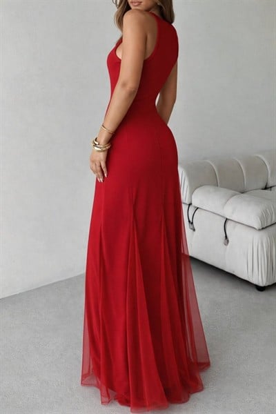 Kadın Askılı Bisiklet Yaka Etek Ucu Tül Detaylı Asimetrik Kiloş Uzun Ithal Krep Elbise