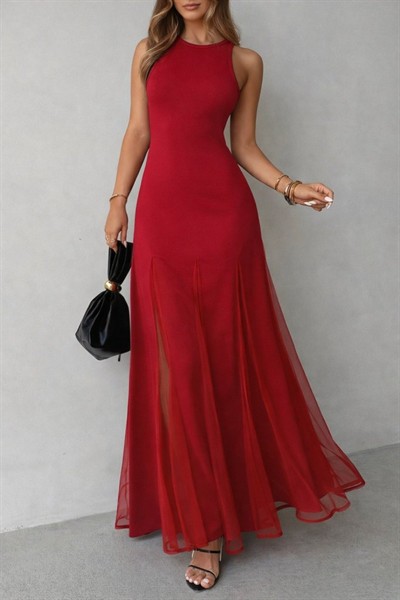 Kadın Askılı Bisiklet Yaka Etek Ucu Tül Detaylı Asimetrik Kiloş Uzun Ithal Krep Elbise