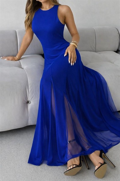 Kadın Askılı Bisiklet Yaka Etek Ucu Tül Detaylı Asimetrik Kiloş Uzun Ithal Krep Elbise