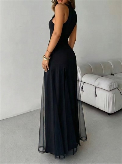 Kadın Askılı Bisiklet Yaka Etek Ucu Tül Detaylı Asimetrik Kiloş Uzun Ithal Krep Elbise