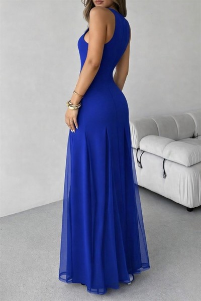 Kadın Askılı Bisiklet Yaka Etek Ucu Tül Detaylı Asimetrik Kiloş Uzun Ithal Krep Elbise