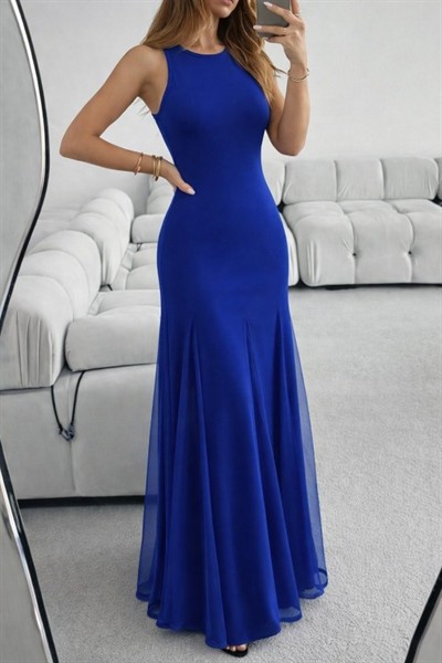 Kadın Askılı Bisiklet Yaka Etek Ucu Tül Detaylı Asimetrik Kiloş Uzun Ithal Krep Elbise