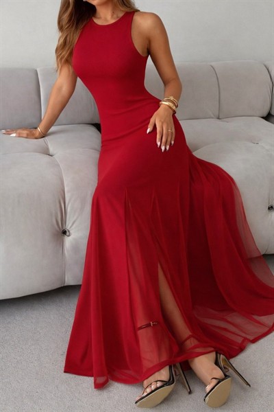 Kadın Askılı Bisiklet Yaka Etek Ucu Tül Detaylı Asimetrik Kiloş Uzun Ithal Krep Elbise