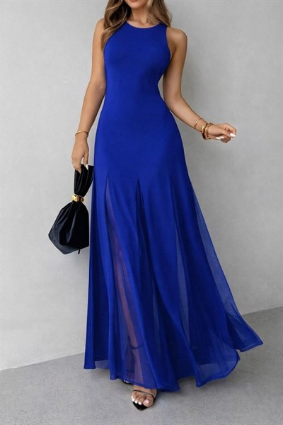 Kadın Askılı Bisiklet Yaka Etek Ucu Tül Detaylı Asimetrik Kiloş Uzun Ithal Krep Elbise