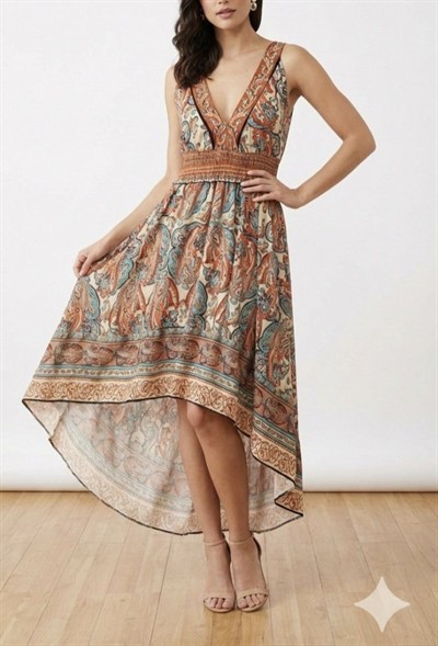 Kadın Askılı Derin Göğüs Detaylı Asimetrik Detaylı Süprem Elbise