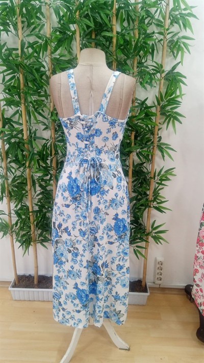 Kadın Askılı Geniş V Yakalı Sırttan Bağlamalı Yırtmaçlı Süprem Elbise