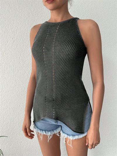 Kadın Askılı Halter Yaka Etek Ucu Oval Kesim Triko Bluz