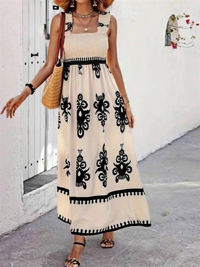 Kadın Askılı Kare Yaka Gipe Detaylı Desenli Suprem Elbise