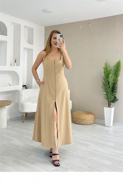 Kadın Askılı Kare Yaka önden Fermuarlı Geniş Kesim Janjan Krep Elbise