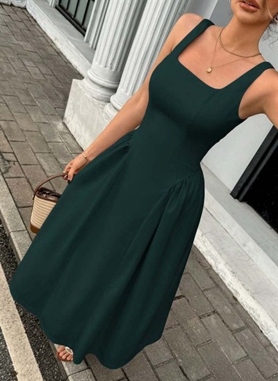 Kadın Askılı Kare Yakalı Uzun Ithal Krep Elbise