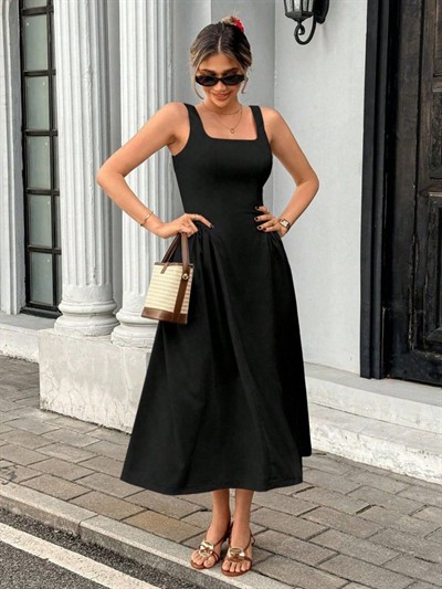 Kadın Askılı Kare Yakalı Uzun Ithal Krep Elbise