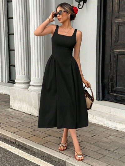 Kadın Askılı Kare Yakalı Uzun Ithal Krep Elbise