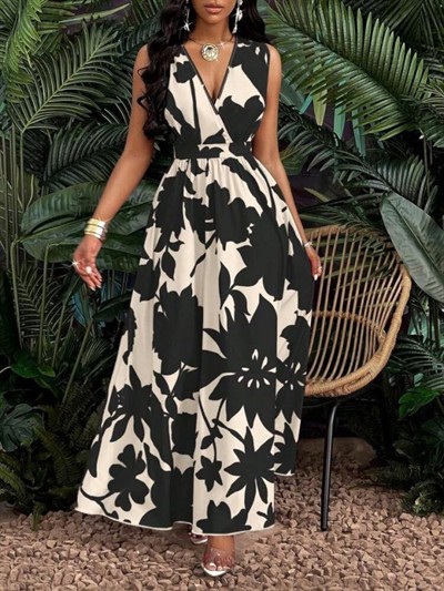 Kadın Askılı Kruvaze Yakalı çiçek Desenli Uzun Süprem Elbise