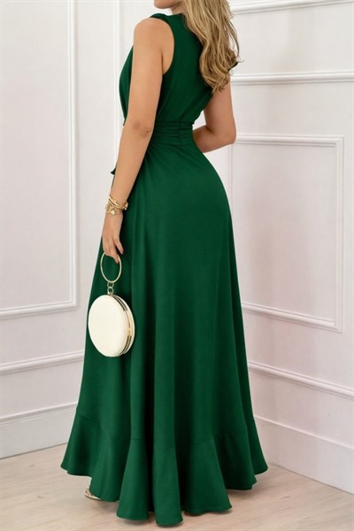 Kadın Askılı Kruvaze Yakalı önü Volanlı Uzun Krep Elbise