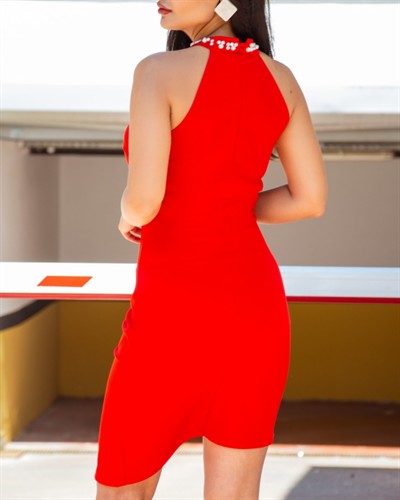 Kadın Askılı Taş Işlemeli Ve Tül Detay Yırtmaçlı Krep Elbise