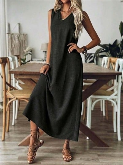 Kadın Askılı V Yakalı Uzun Elbise