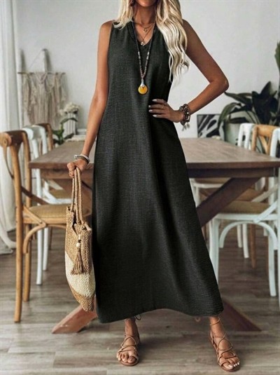 Kadın Askılı V Yakalı Uzun Elbise