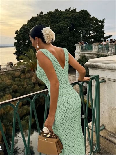 Kadın Askılı V Yakalı Uzun Triko Elbise