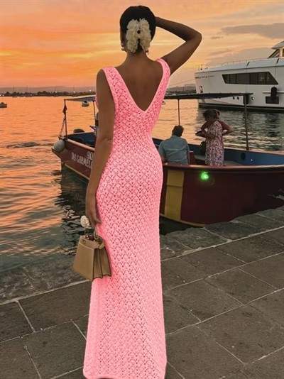 Kadın Askılı V Yakalı Uzun Triko Elbise
