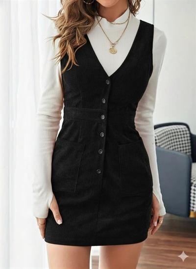 Kadın Askılı V Yakalı önden Düğmeli Mini Kalın Fitilli Kadife Elbise
