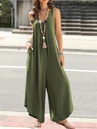 Kadın Askılı Yuvarlak Yaka Cepli Salaş Uzun Viskon Tulum