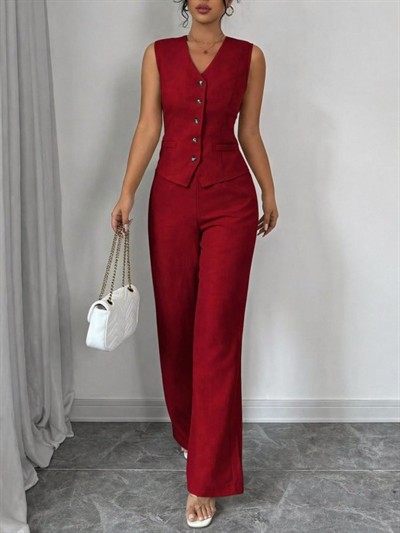 Kadın Askılı önden Düğmeli Bluz Ve Pantolon Keten Ikili Takım