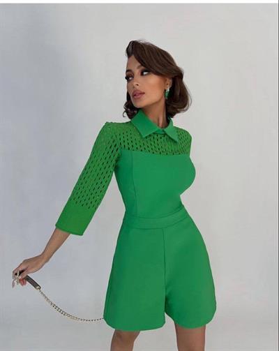 Kadın Atlas Kumaş Lazer Kesim Cep Detaylı Gömlek Yaka Tulum