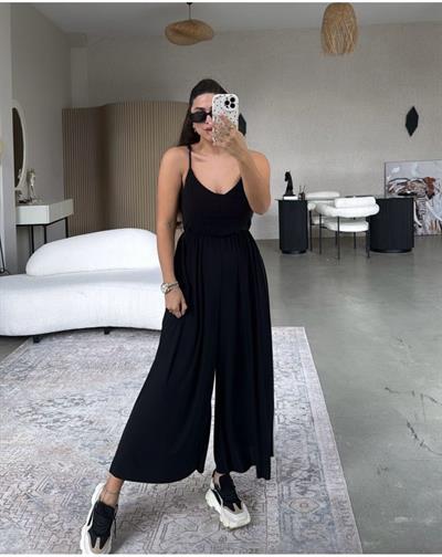 Kadın Ayarlı Çapraz İnce Askılı Bol Paça Rahat Kesim Tulum