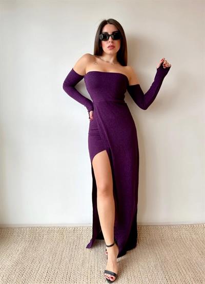 Kadın Bacak Dekolteli Staplez Kol Eldiven Detay Fırsat ürün Elbise