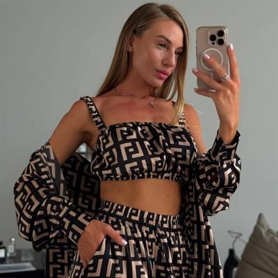 Kadın Bağcık Detaylı Dıjıtal Baskılı Dalgıç Kumaş 3;lü Takım