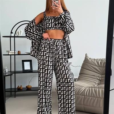 Kadın Bağcık Detaylı Dıjıtal Baskılı Dalgıç Kumaş 3;lü Takım