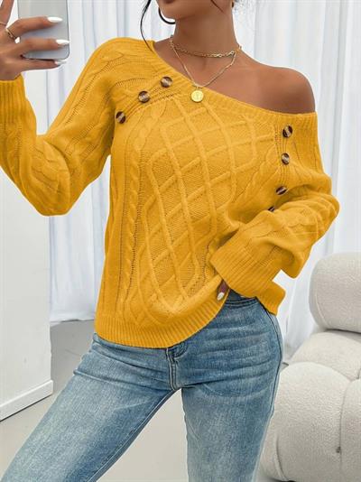 Kadın Baklava Desen Düğme Detaylı Triko Kazak