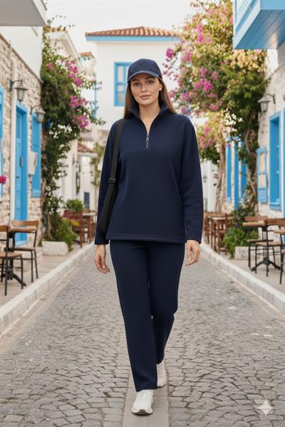 Kadın Balıkçı Yaka Fermuar Detay Polar Sweat Ve Pantolon Ikili Takım