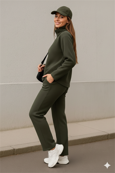 Kadın Balıkçı Yaka Fermuar Detay Polar Sweat Ve Pantolon Ikili Takım