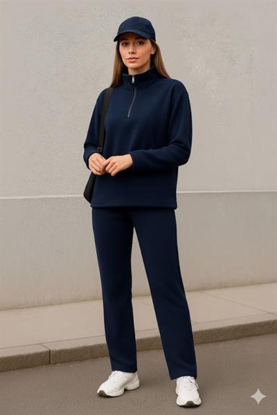 Kadın Balıkçı Yaka Fermuar Detay Polar Sweat Ve Pantolon Ikili Takım