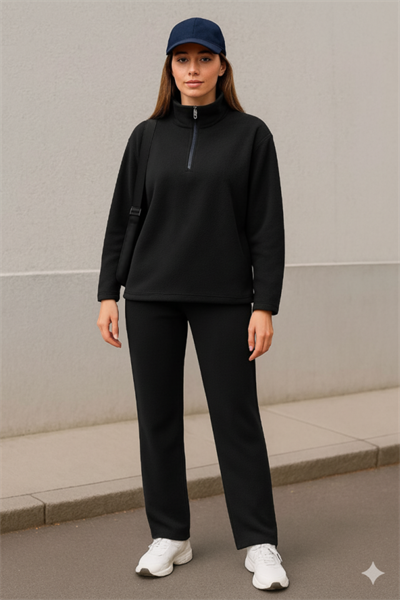 Kadın Balıkçı Yaka Fermuar Detay Polar Sweat Ve Pantolon Ikili Takım