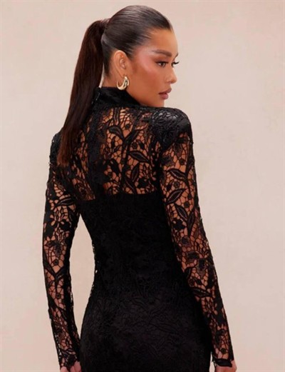 Kadın Balıkçı Yaka Full Dantel Güpür Mini Elbise