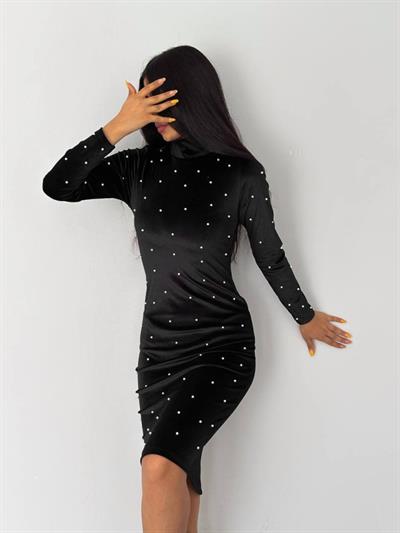 Kadın Balıkçı Yaka Inci Detay Fırsat ürün Kadife Kumaş Mini Elbise