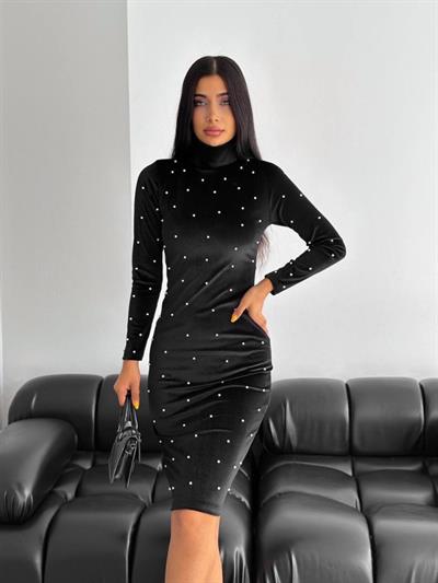 Kadın Balıkçı Yaka Inci Detay Fırsat ürün Kadife Kumaş Mini Elbise