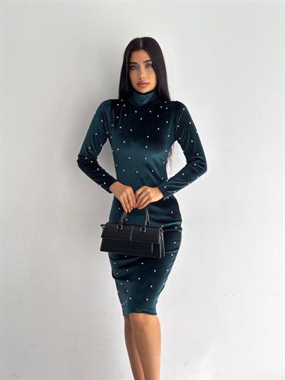 Kadın Balıkçı Yaka Inci Detay Fırsat ürün Kadife Kumaş Mini Elbise