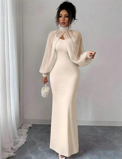 Kadın Balıkçı Yaka İnci Ve Tül Detay Dalgıç Kumaş Maxi Boy Elbise