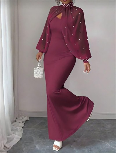 Kadın Balıkçı Yaka İnci Ve Tül Detay Dalgıç Kumaş Maxi Boy Elbise